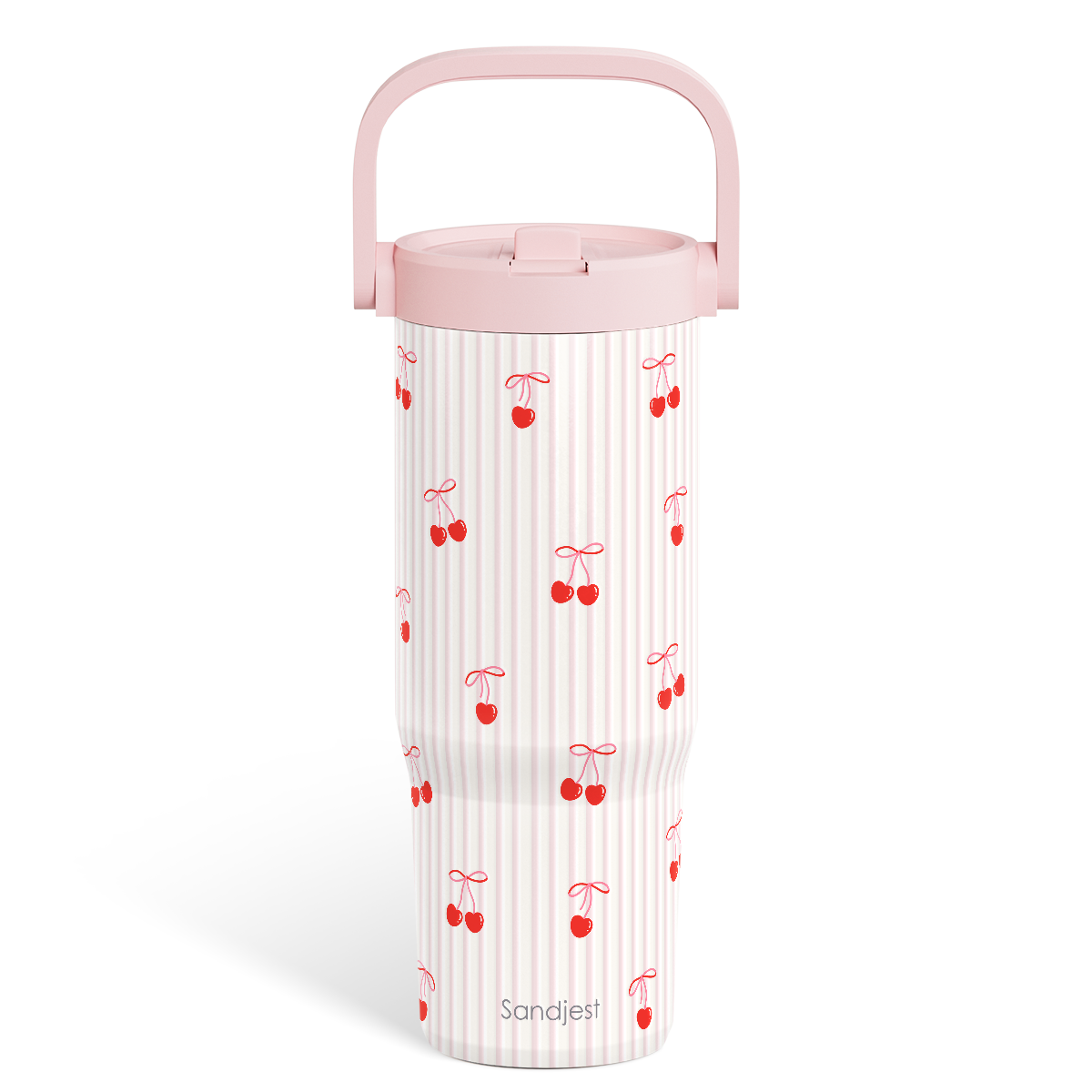 White water bottle with red cherry pattern and pink lid on a white background