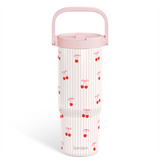 White water bottle with red cherry pattern and pink lid on a white background