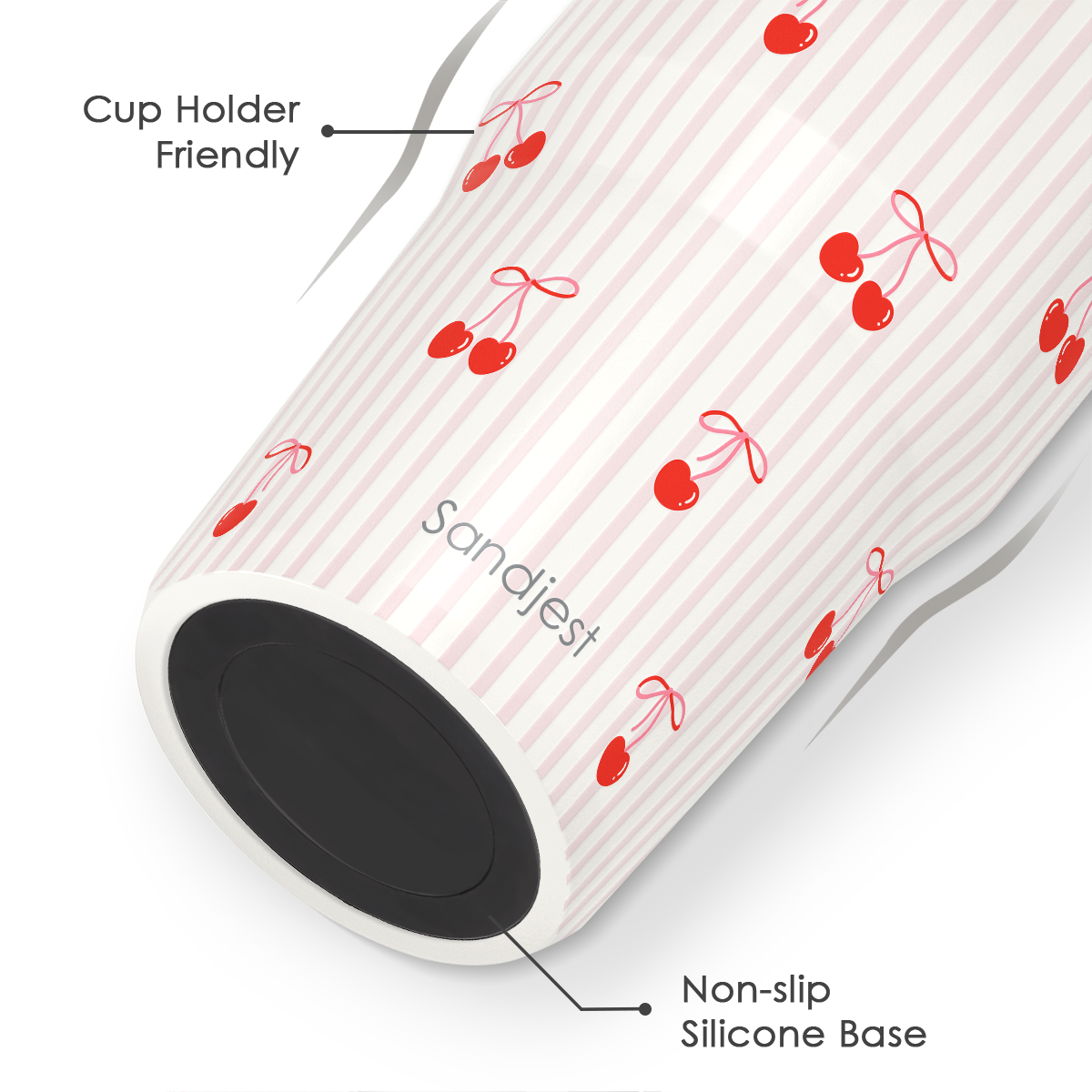 Product with cherry pattern and 'Sandjest' branding, featuring cup holder and non-slip silicone base.