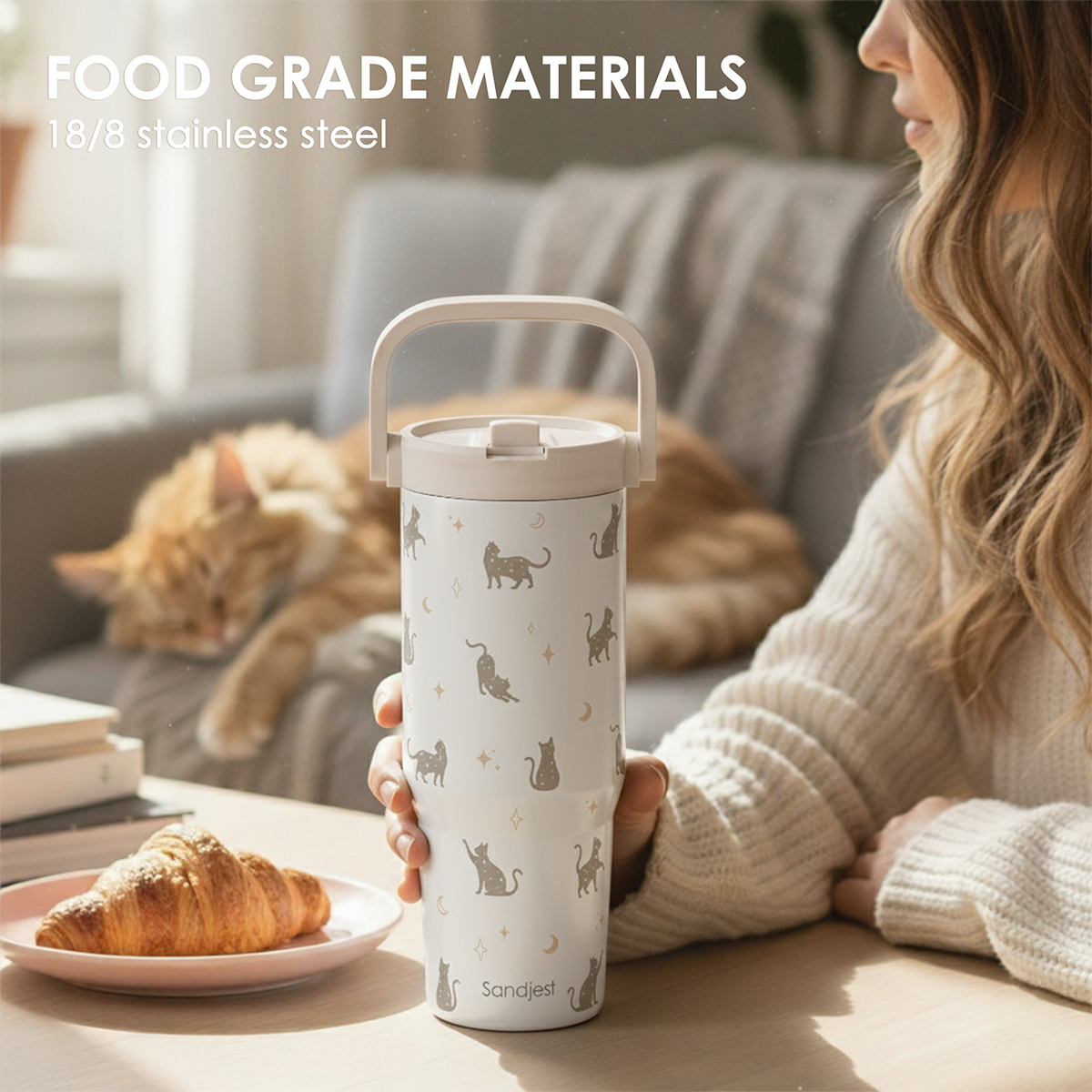 White Cat TintFlip | Straw Lid Tumbler with Carry Handle 30oz