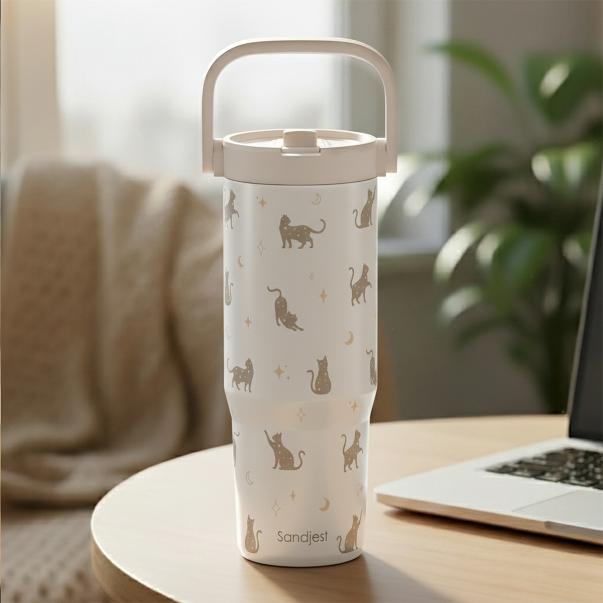 White Cat TintFlip | Straw Lid Tumbler with Carry Handle 30oz