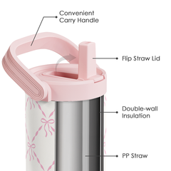 Bow Stainless Steel Straw Lid Tumbler 30oz with Carry Handle for Women Girls, Insulated Travel Coffee Cup, Gift for Sports Outdoor Workout Christmas Birthday