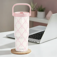 Bow Stainless Steel Straw Lid Tumbler 30oz with Carry Handle for Women Girls, Insulated Travel Coffee Cup, Gift for Sports Outdoor Workout Christmas Birthday