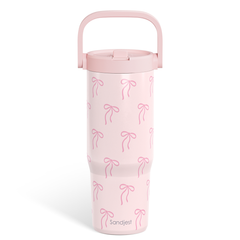 Pink Bow Stainless Steel Straw Lid Tumbler 30oz with Carry Handle for Women Girls, Insulated Travel Coffee Cup, Gift for Sports Outdoor Workout Christmas Birthday