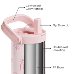 Pink Bow Stainless Steel Straw Lid Tumbler 30oz with Carry Handle for Women Girls, Insulated Travel Coffee Cup, Gift for Sports Outdoor Workout Christmas Birthday