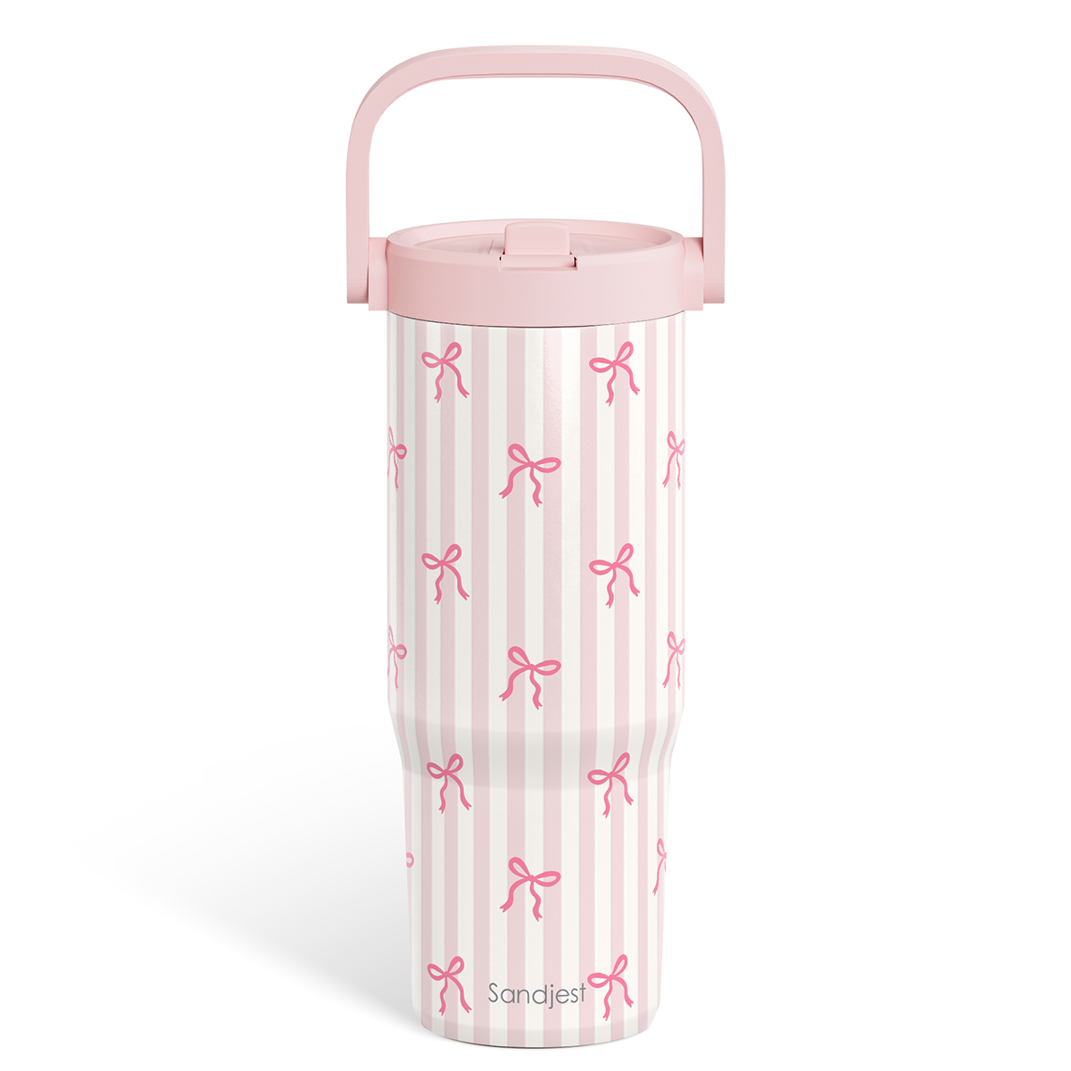 Pink and white striped tumbler with bow pattern and pink handle on a white background