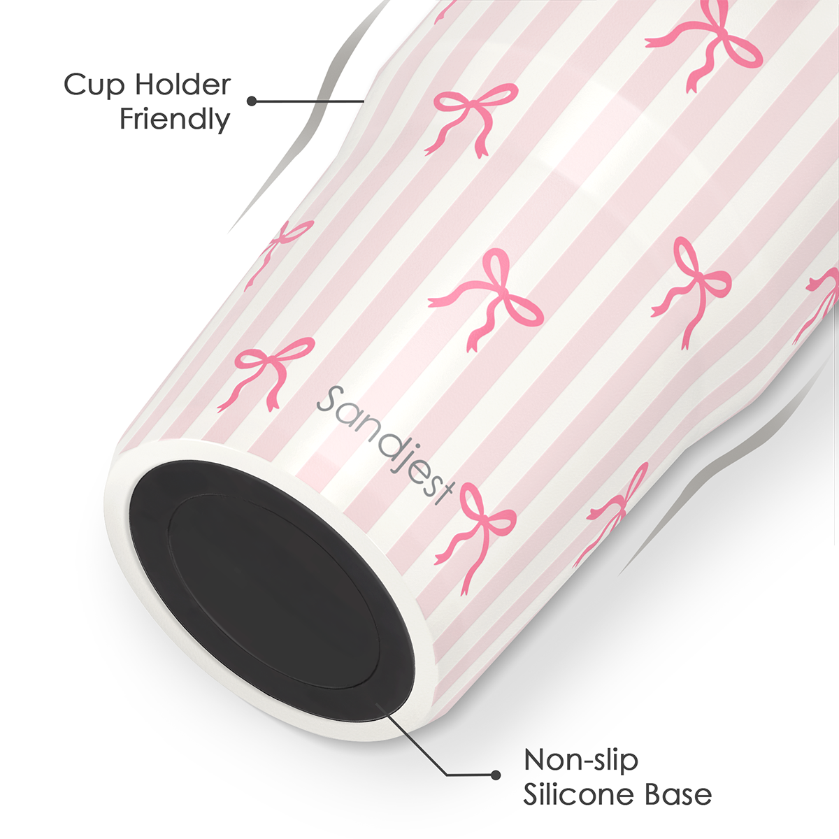 White cylindrical product with wavy pattern and black base, labeled 'Sandjest'.
