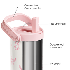 Butterfly Stainless Steel Straw Lid Tumbler 30oz with Carry Handle for Women Girls, Insulated Travel Coffee Cup, Gift for Sports Outdoor Workout Christmas Birthday