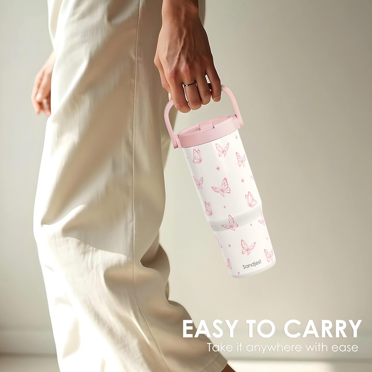 Butterfly Stainless Steel Straw Lid Tumbler 30oz with Carry Handle for Women Girls, Insulated Travel Coffee Cup, Gift for Sports Outdoor Workout Christmas Birthday