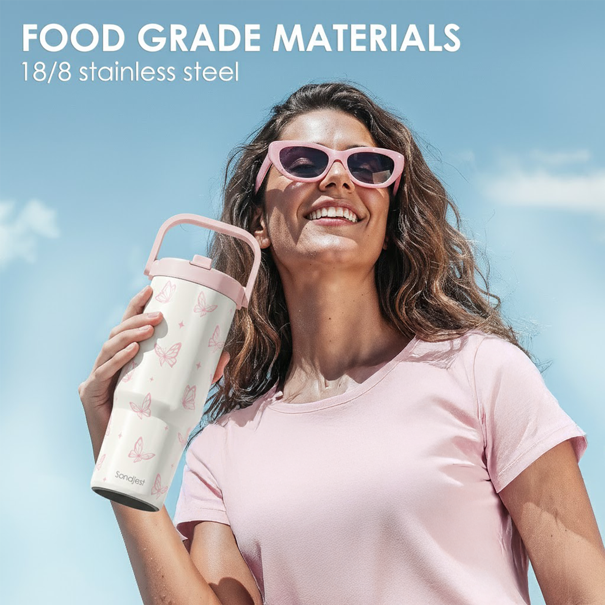 Butterfly Stainless Steel Straw Lid Tumbler 30oz with Carry Handle for Women Girls, Insulated Travel Coffee Cup, Gift for Sports Outdoor Workout Christmas Birthday