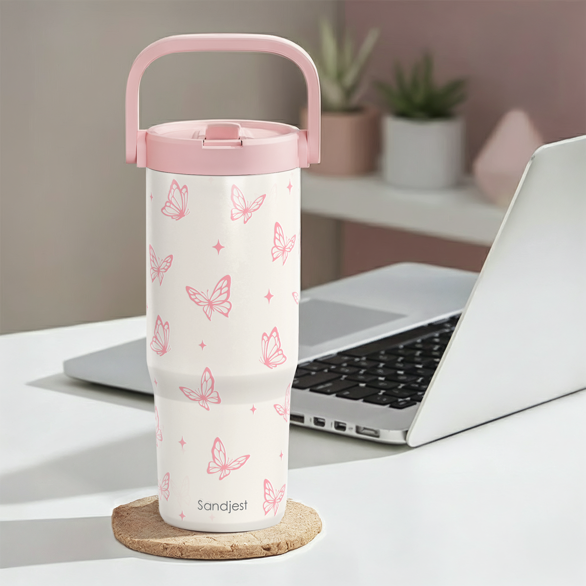 Butterfly Stainless Steel Straw Lid Tumbler 30oz with Carry Handle for Women Girls, Insulated Travel Coffee Cup, Gift for Sports Outdoor Workout Christmas Birthday