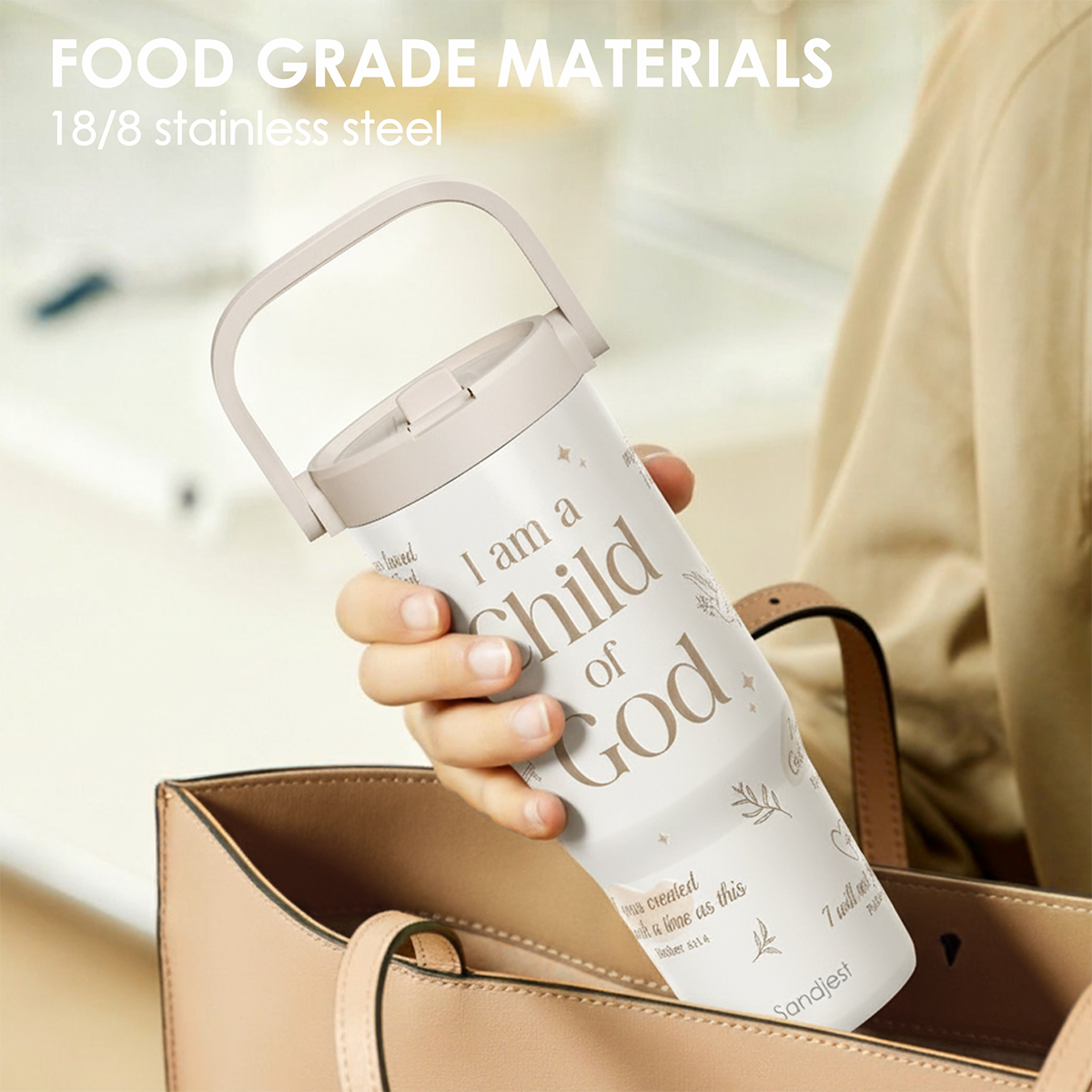 Christian Stainless Steel Straw Lid Tumbler 30oz with Carry Handle for Women Girls, Child of God Insulated Travel Coffee Cup, Gift for Sports Outdoor Workout Christmas Birthday