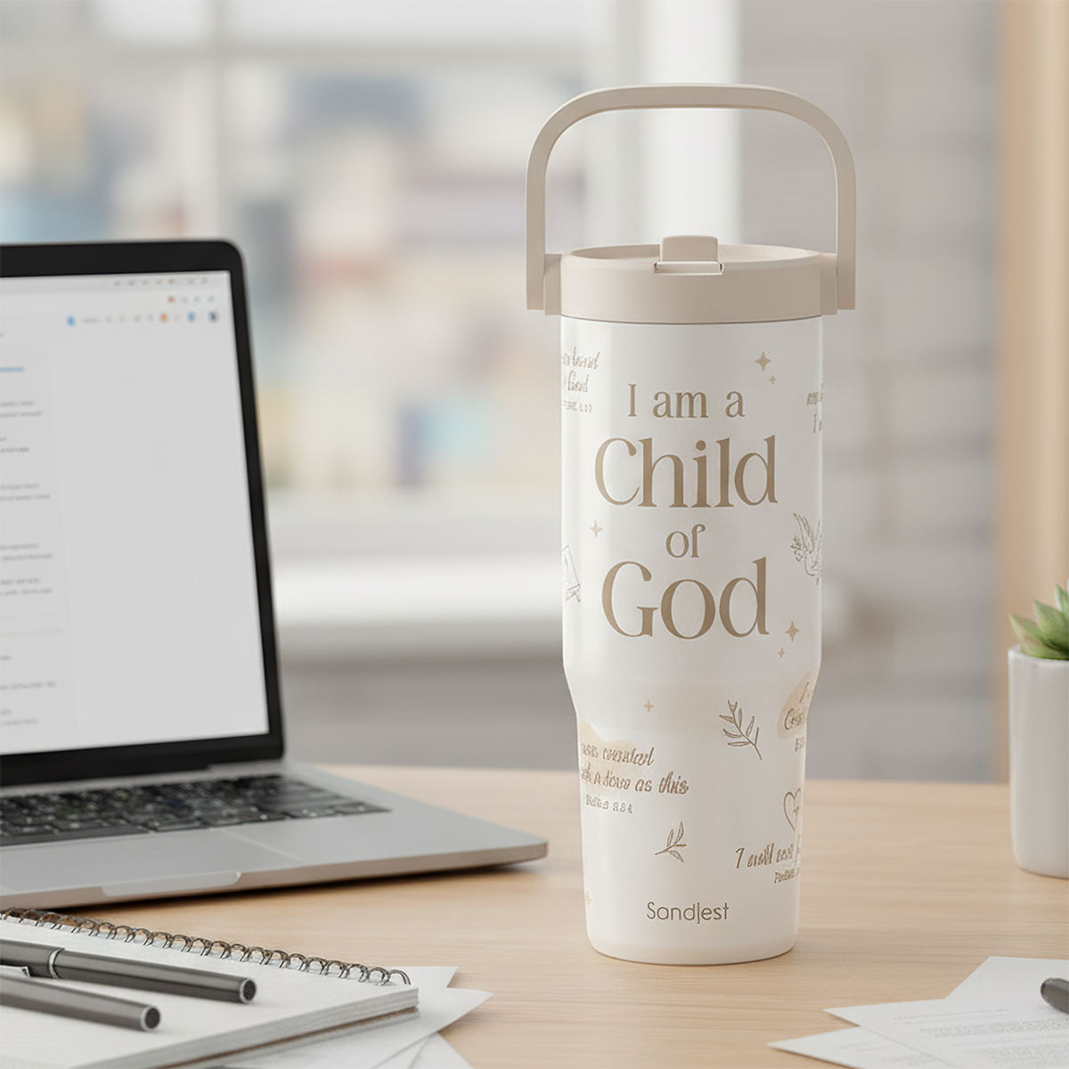 Christian Stainless Steel Straw Lid Tumbler 30oz with Carry Handle for Women Girls, Child of God Insulated Travel Coffee Cup, Gift for Sports Outdoor Workout Christmas Birthday