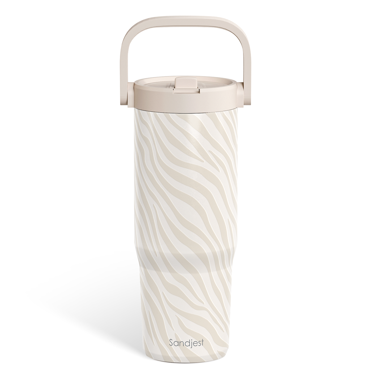 White water bottle with beige handle and lid on a white background