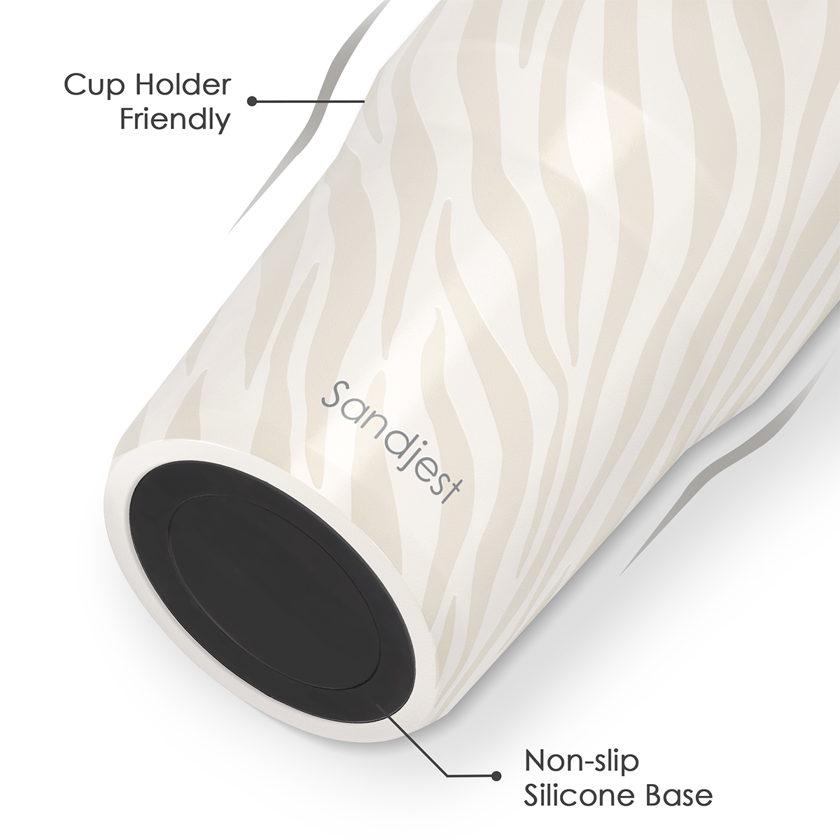 White cylindrical product with wavy pattern and black base, labeled 'Sandjest'.