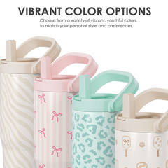 Four colorful water bottles with different patterns on a white background.