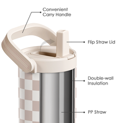 Checker Stainless Steel Straw Lid Tumbler 30oz with Carry Handle for Women Girls, Insulated Travel Coffee Cup, Gift for Sports Outdoor Workout Christmas Birthday