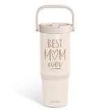 Beige tumbler with 'Best Mom ever' text and Sandjast logo on a white background