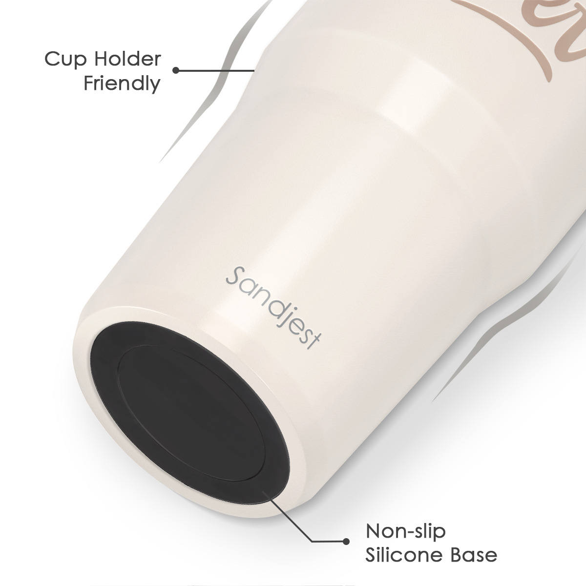 Close-up of a beige tumbler with black silicone base, labeled 'Cup Holder Friendly' and 'Non-slip Silicone Base', on a white background.