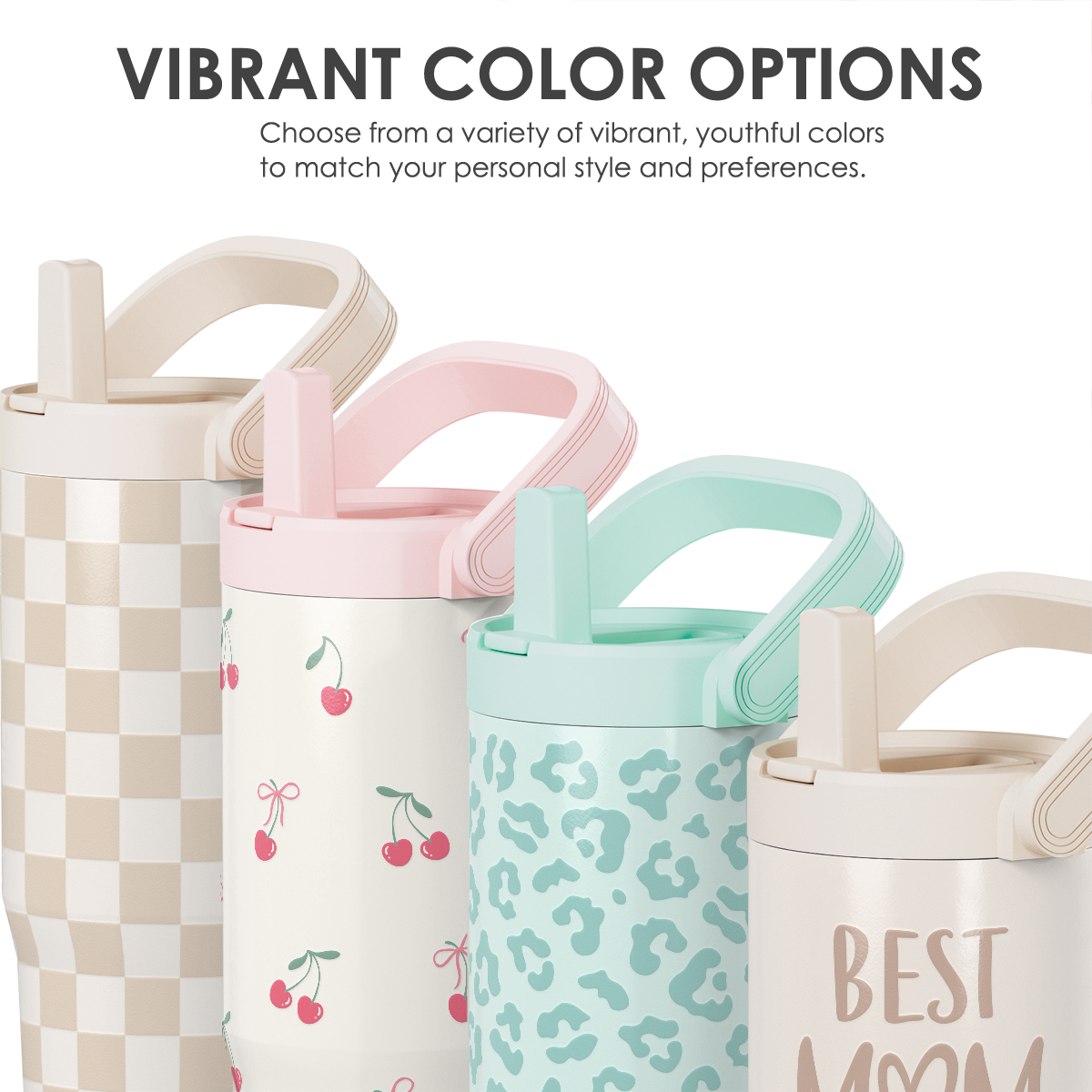 Set of colorful tumblers with different designs on a white background