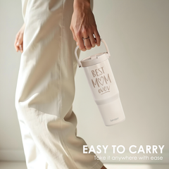 Person holding a patterned water bottle with text 'Easy to carry' on a neutral background