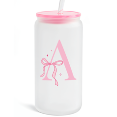 Monogrammed Glass Drinking Can Cup with Acrylic Lid and Straw, Personalized Frosted Iced Coffee Tumbler 16oz, Monogram Initial Gifts for Women Girls on Birthday