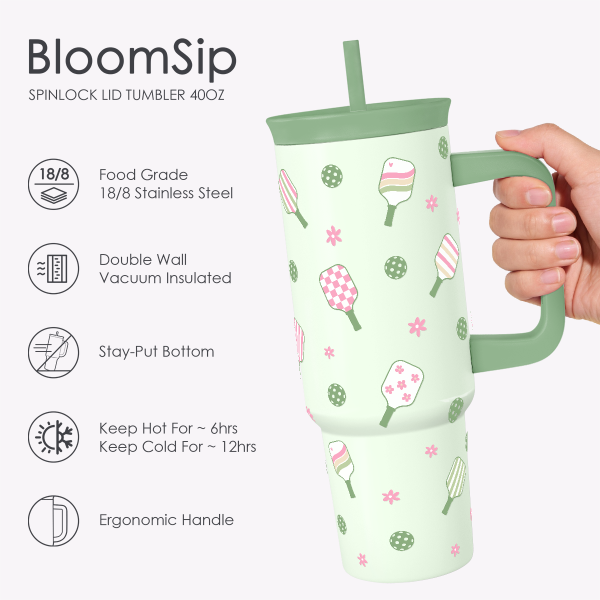 BloomSip 40oz Leak-proof Tumbler | Pickleball