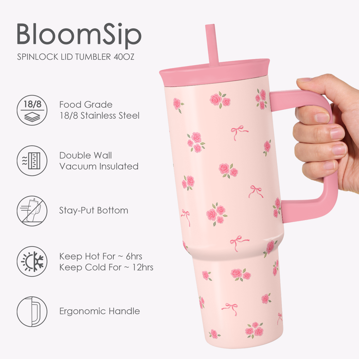 BloomSip 40oz Leak-proof Tumbler | Blush Rose Garden