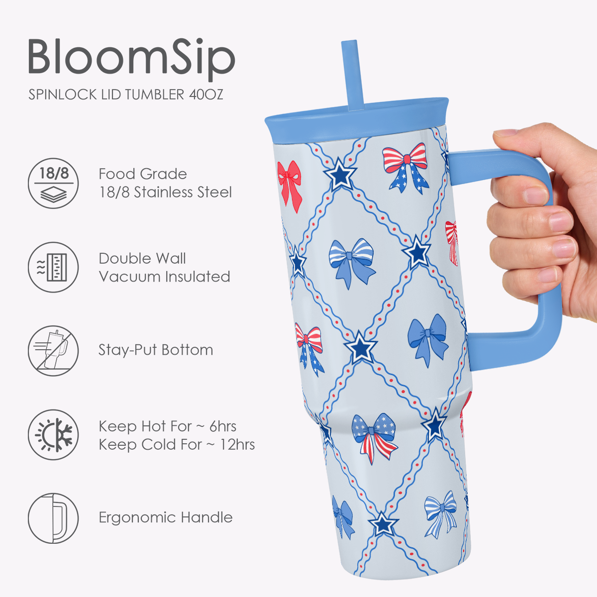 BloomSip 40oz Leak-proof Tumbler | Patriotic Bows