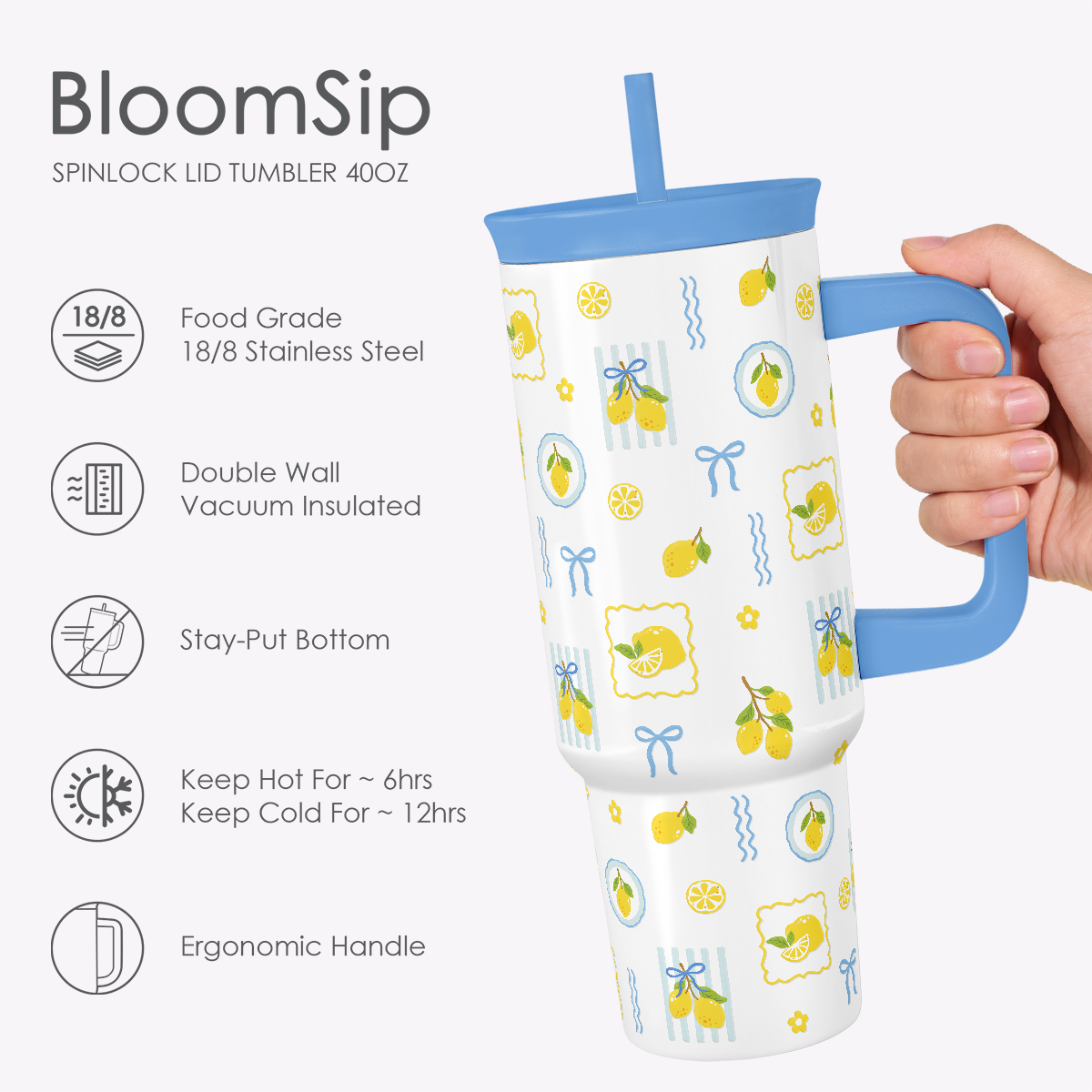 BloomSip 40oz Leak-proof Tumbler | Lemon