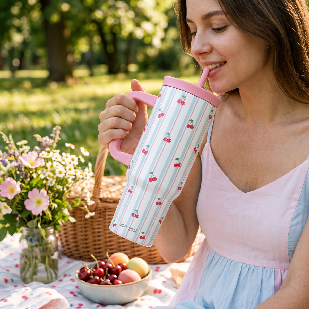 BloomSip 40oz Leak-proof Tumbler | Cherry Stripe