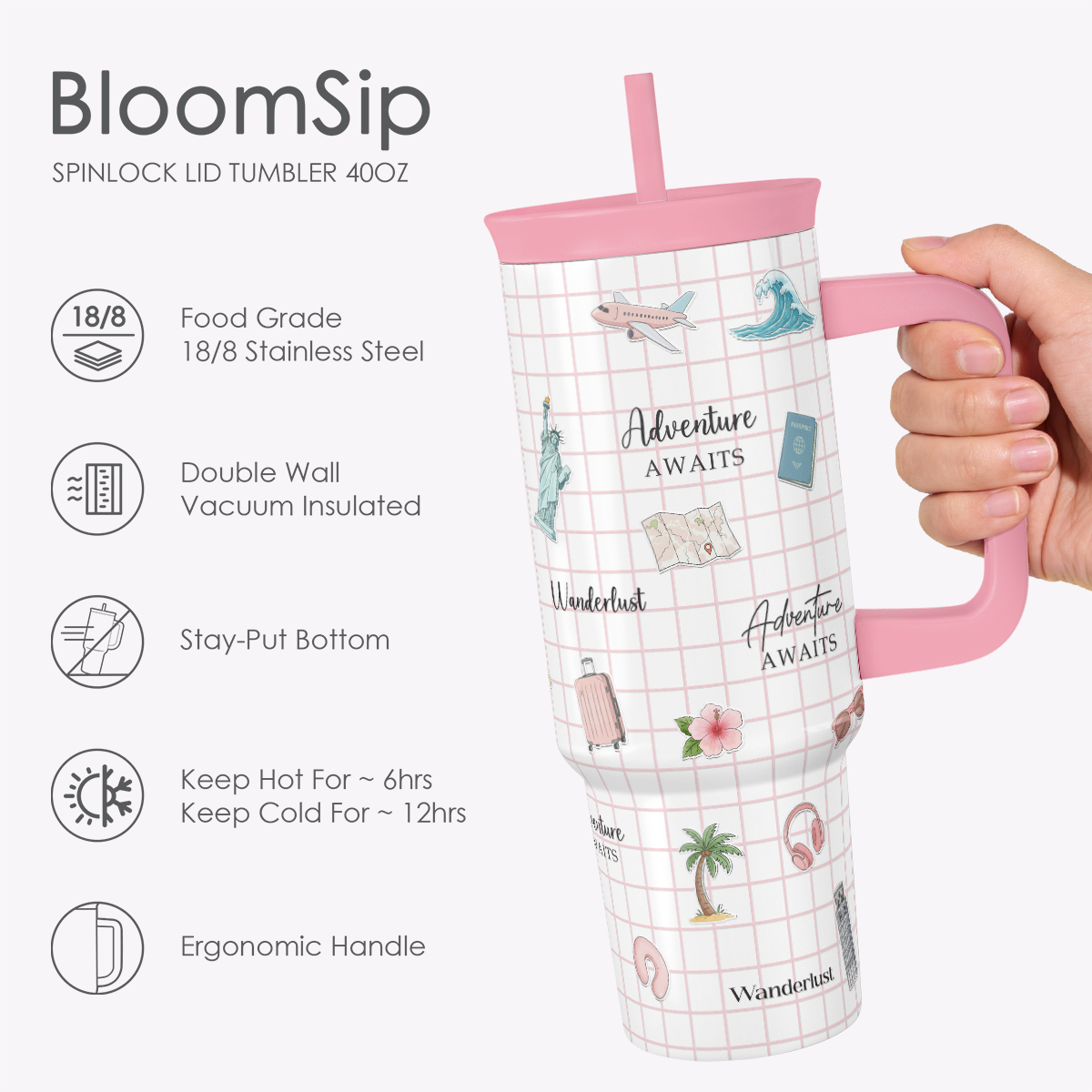 BloomSip 40oz Leak-proof Tumbler | Travel Vacation