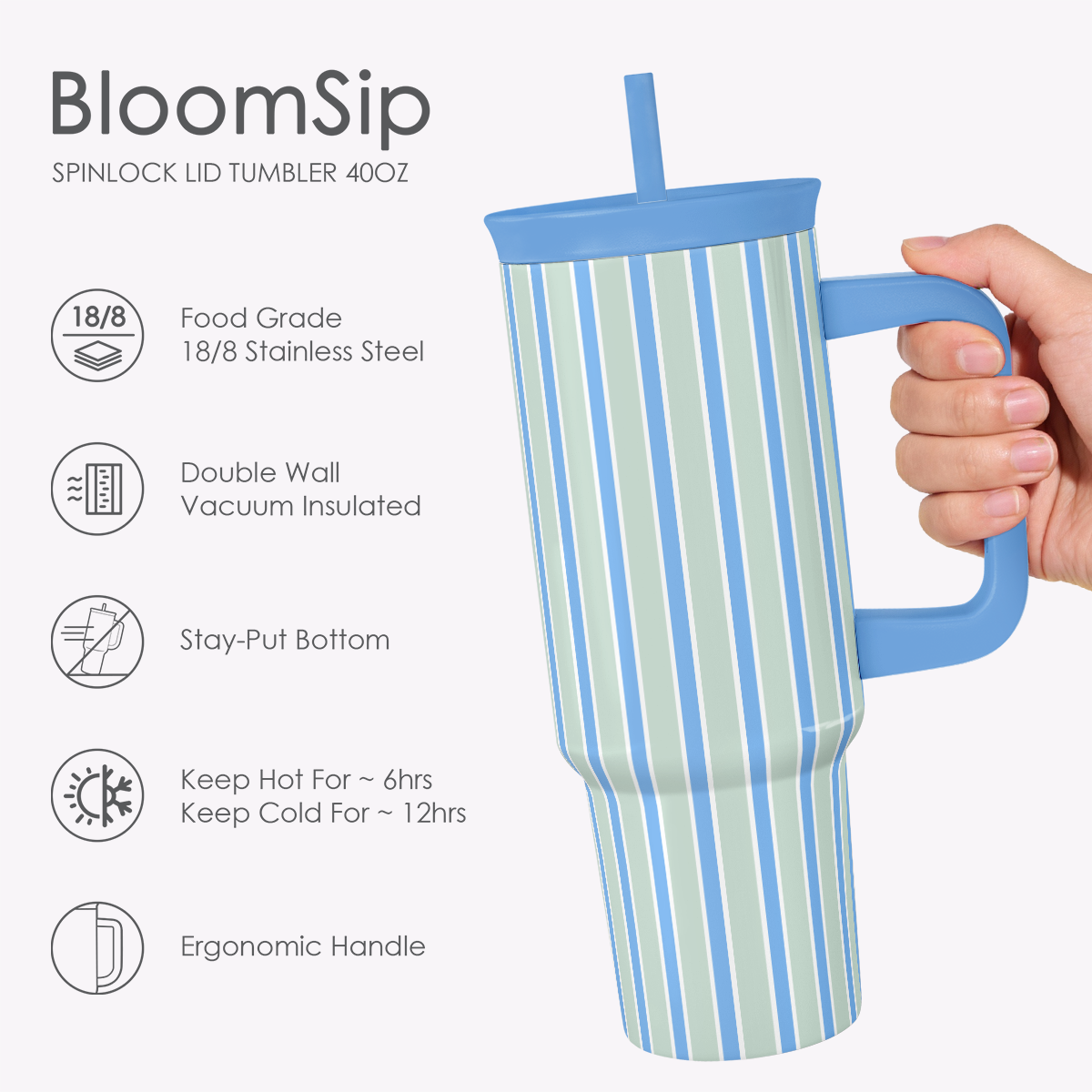 BloomSip 40oz Leak-proof Tumbler | Stripe Pattern