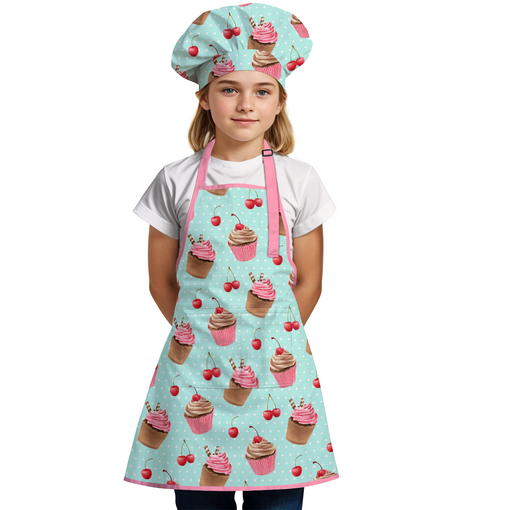 Cupcake Apron with Pocket - 2Pcs Kid Apron and Chef Hat Set Chef - Aprons for Cooking Baking Grilling BBQ Gardening Painting