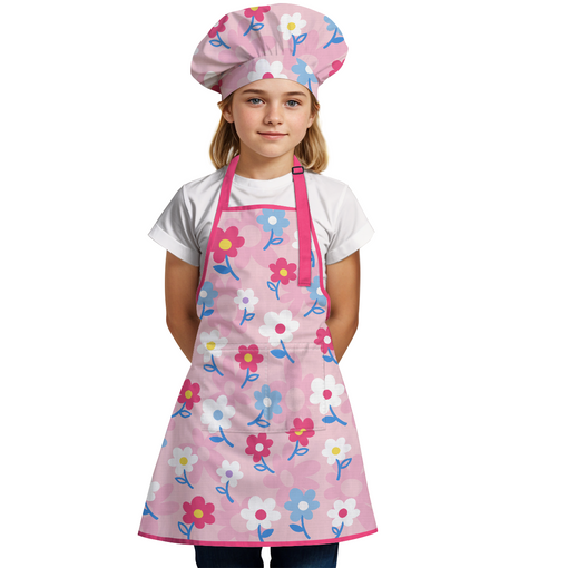 Kid Apron with Front Pocket, 2Pcs Kid Apron and Chef Hat, Chef Cooking Apron for Kids Girls Gardening Baking Painting, Floral Apron Gift