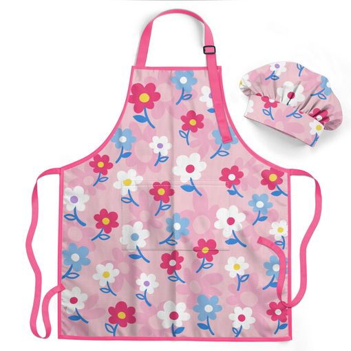 Kid Apron with Front Pocket, 2Pcs Kid Apron and Chef Hat, Chef Cooking Apron for Kids Girls Gardening Baking Painting, Floral Apron Gift