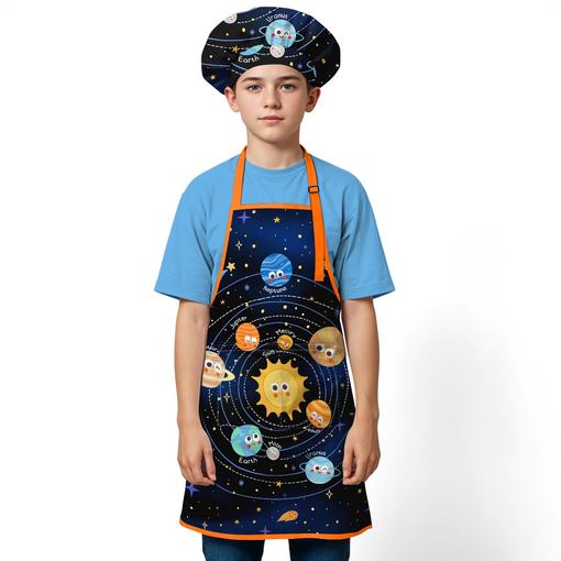 Solar System Apron with Front Pocket, 2Pcs Kid Apron and Chef Hat, Chef Aprons for Kids Toddlers Cooking Baking Gardening Grilling BBQ