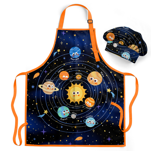 Solar System Apron with Front Pocket, 2Pcs Kid Apron and Chef Hat, Chef Aprons for Kids Toddlers Cooking Baking Gardening Grilling BBQ