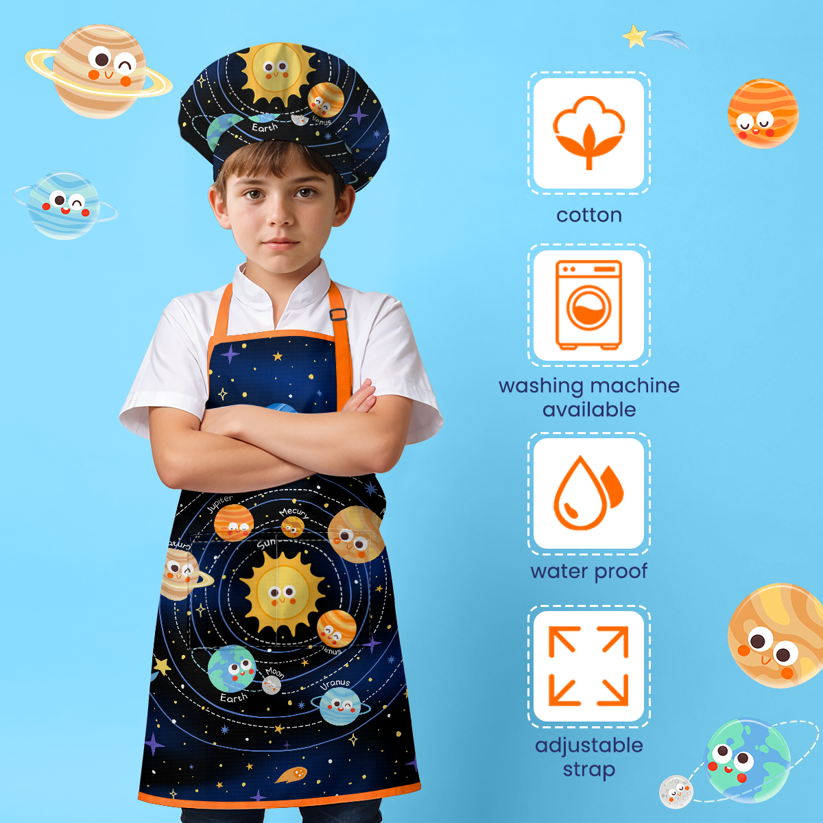 Blue Solar System SprinkleJoy | Kids Polyester Apron with Hat