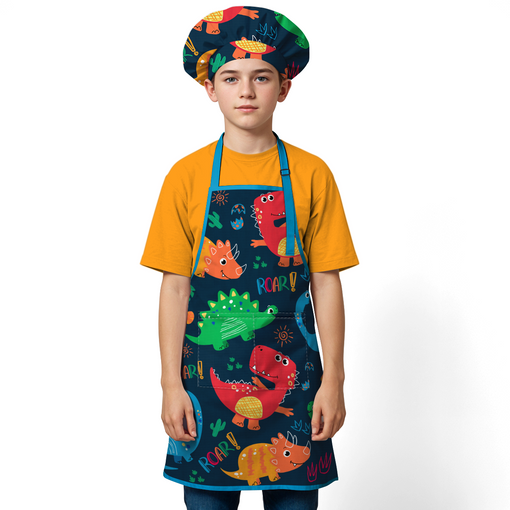 Dinosaur Apron with Pocket, 2Pcs Aprons and Chef Hat for Toddlers Girls Boys , Kid Apron for Cooking Baking Gardening Painting