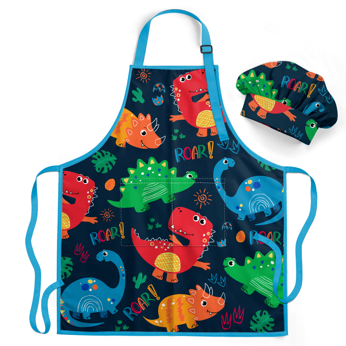 Blue Dinosaur SprinkleJoy | Kids Polyester Apron with Hat