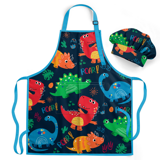 Dinosaur Apron with Pocket, 2Pcs Aprons and Chef Hat for Toddlers Girls Boys , Kid Apron for Cooking Baking Gardening Painting