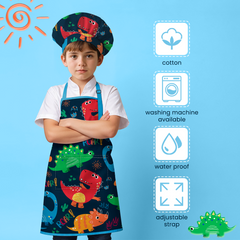 Dinosaur Apron with Pocket, 2Pcs Aprons and Chef Hat for Toddlers Girls Boys , Kid Apron for Cooking Baking Gardening Painting