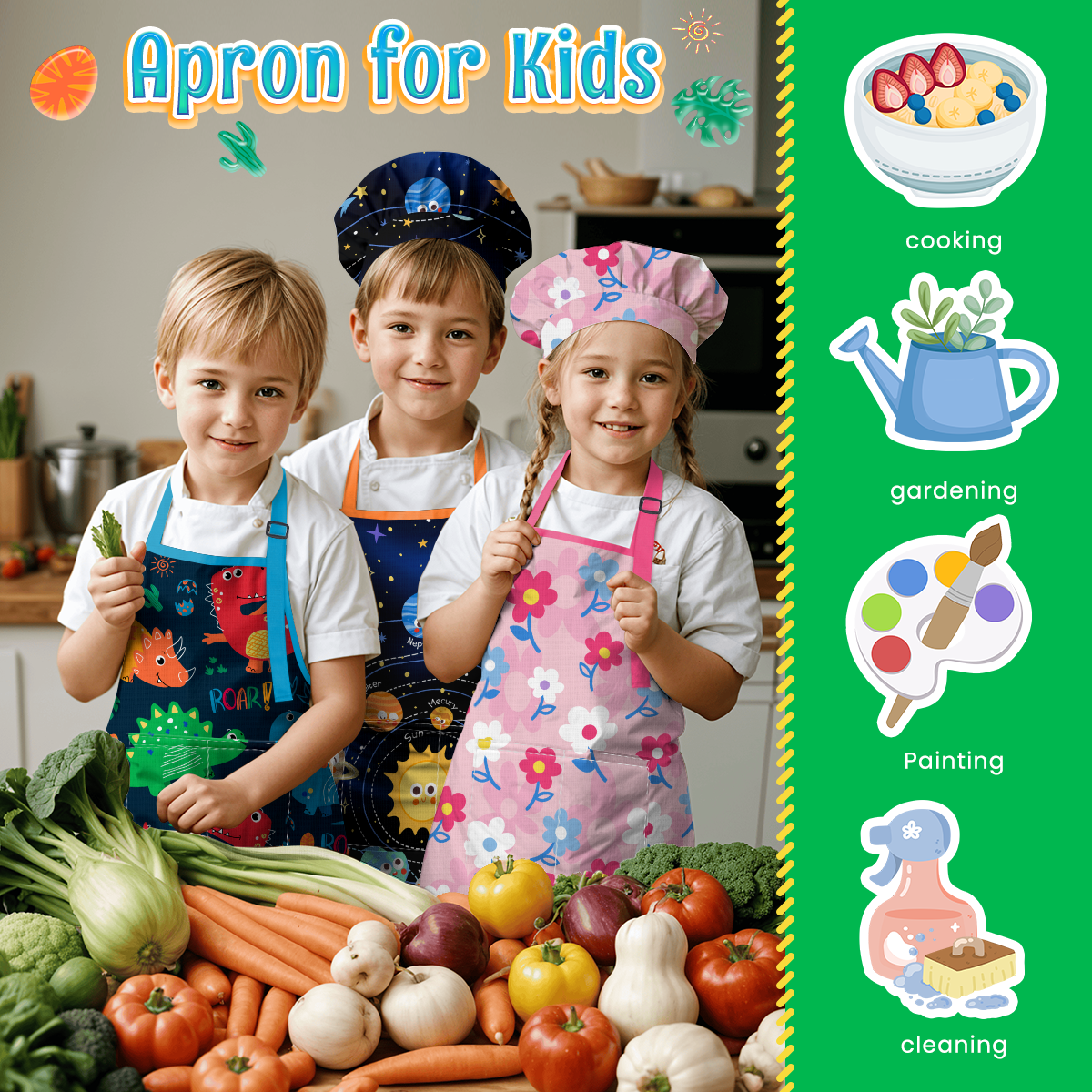Blue Dinosaur SprinkleJoy | Kids Polyester Apron with Hat