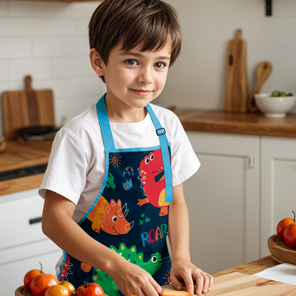 Blue Dinosaur SprinkleJoy | Kids Polyester Apron with Hat