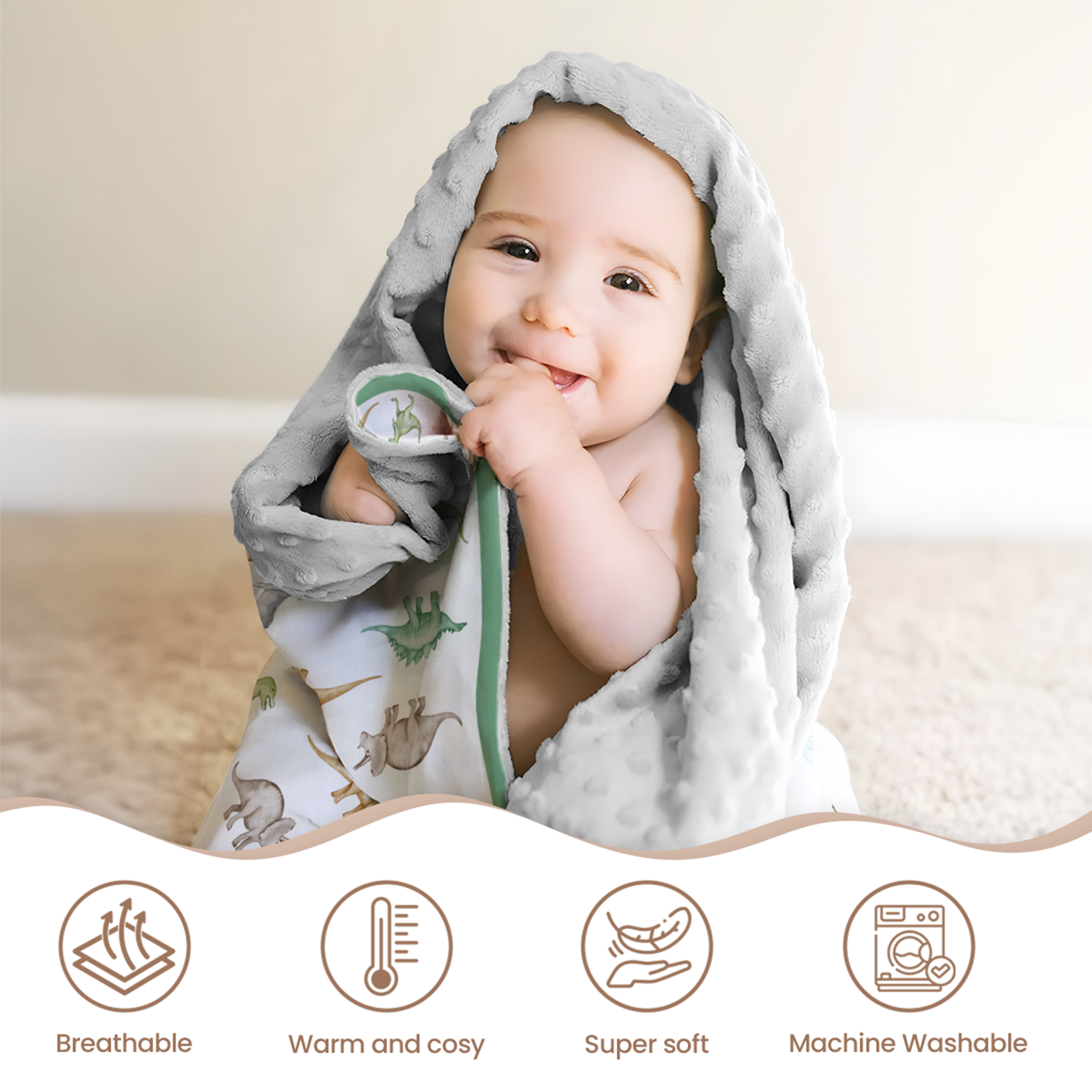 White Dinosaur CuddleDot | Baby Minky Dotted Blanket