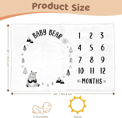 Baby Milestone Blanket - Baby Bear Monthly Baby Milestone Blanket for Baby Girl Boy 60x40 - Nursery Blankets for Newborn Infant Pictures - Gifts for Baby Shower Room Decor