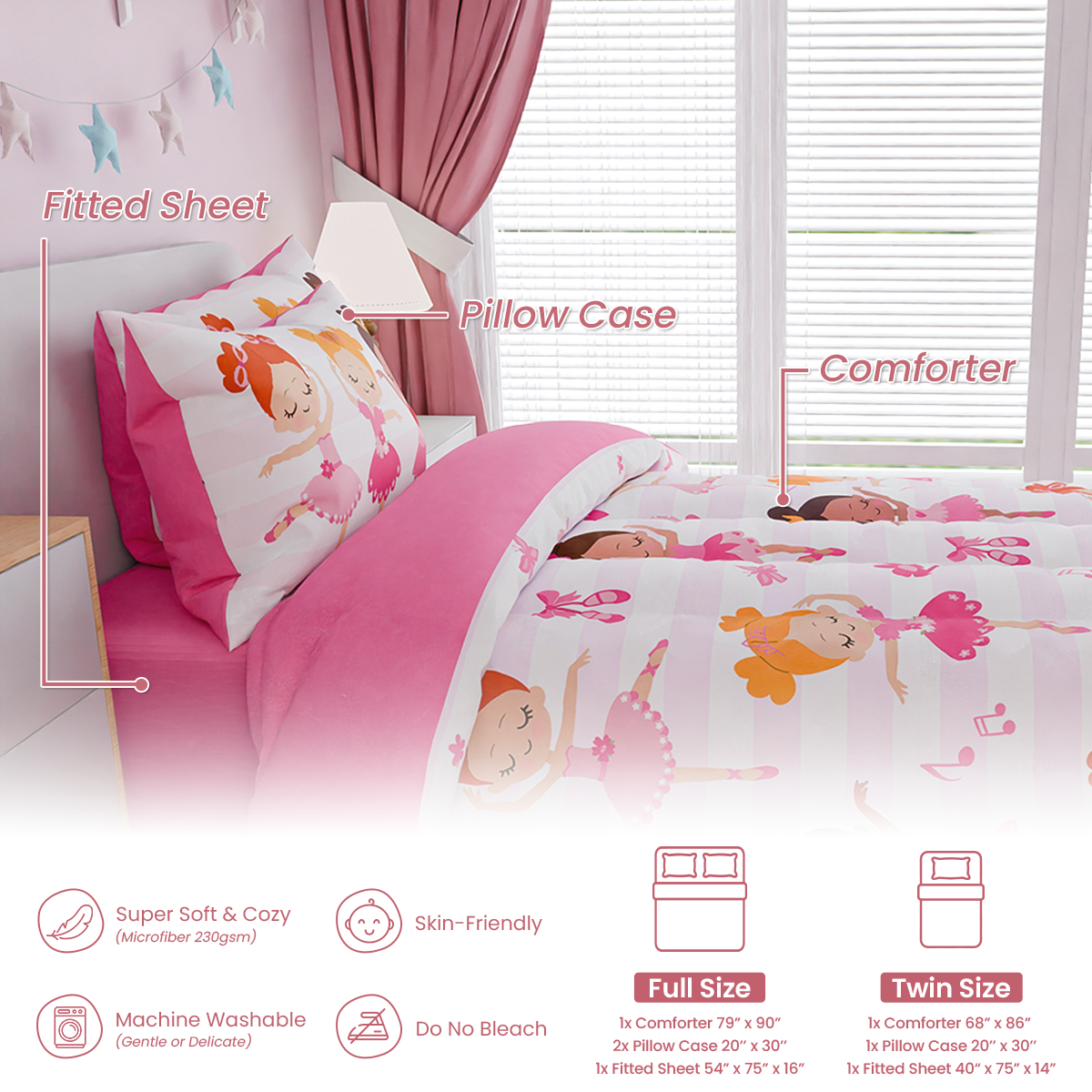 Ballet Full Bedding Sets for Girls, Ultra Soft Microfiber Comforter Set with 4-Pieces, Comforters Kids Bed Set for Children Teen Tween Bedroom Decor