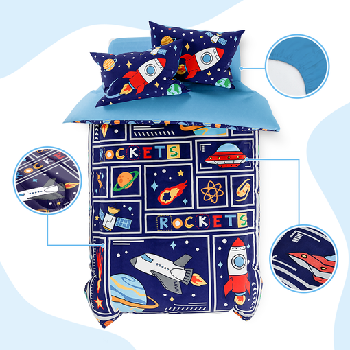 Space Bedding Twin for Boys, Ultra Soft Microfiber Comforter Bed Set with 3-Pieces, Rocket Comforters Sets for Kids Children Teen Tween Bedroom Decor