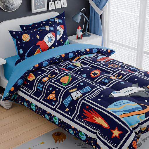 Space Bedding Twin for Boys, Ultra Soft Microfiber Comforter Bed Set with 3-Pieces, Rocket Comforters Sets for Kids Children Teen Tween Bedroom Decor